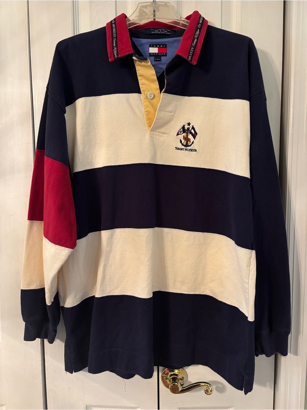 Vintage Tommy Hilfiger Striped Rugby Shirt - Navy, White & Red-XL